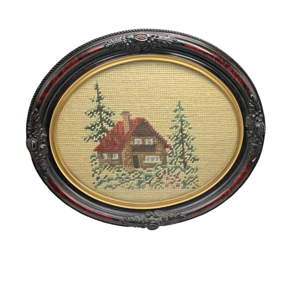 Cabin Cross Stitch Antique Frame Country Trees Oval Wood Frame Dark Stained